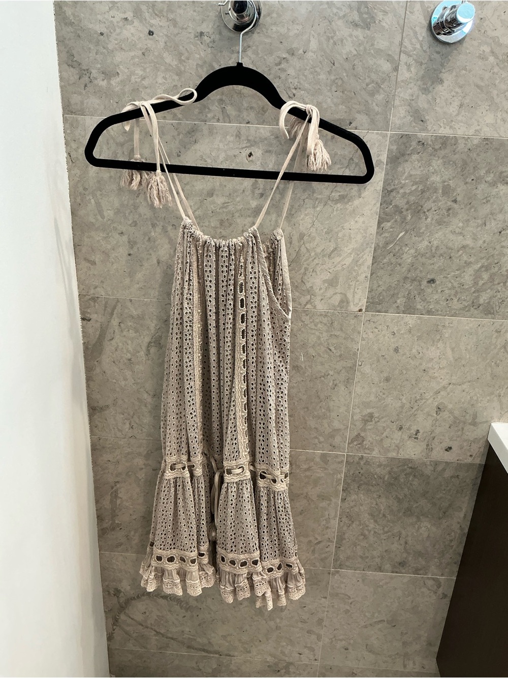 Crochet Tie-Shoulder Swim Coverup in Beige